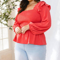 Oddi - Textured Dot Fabric Ruffle Smocked Blouse - Plus