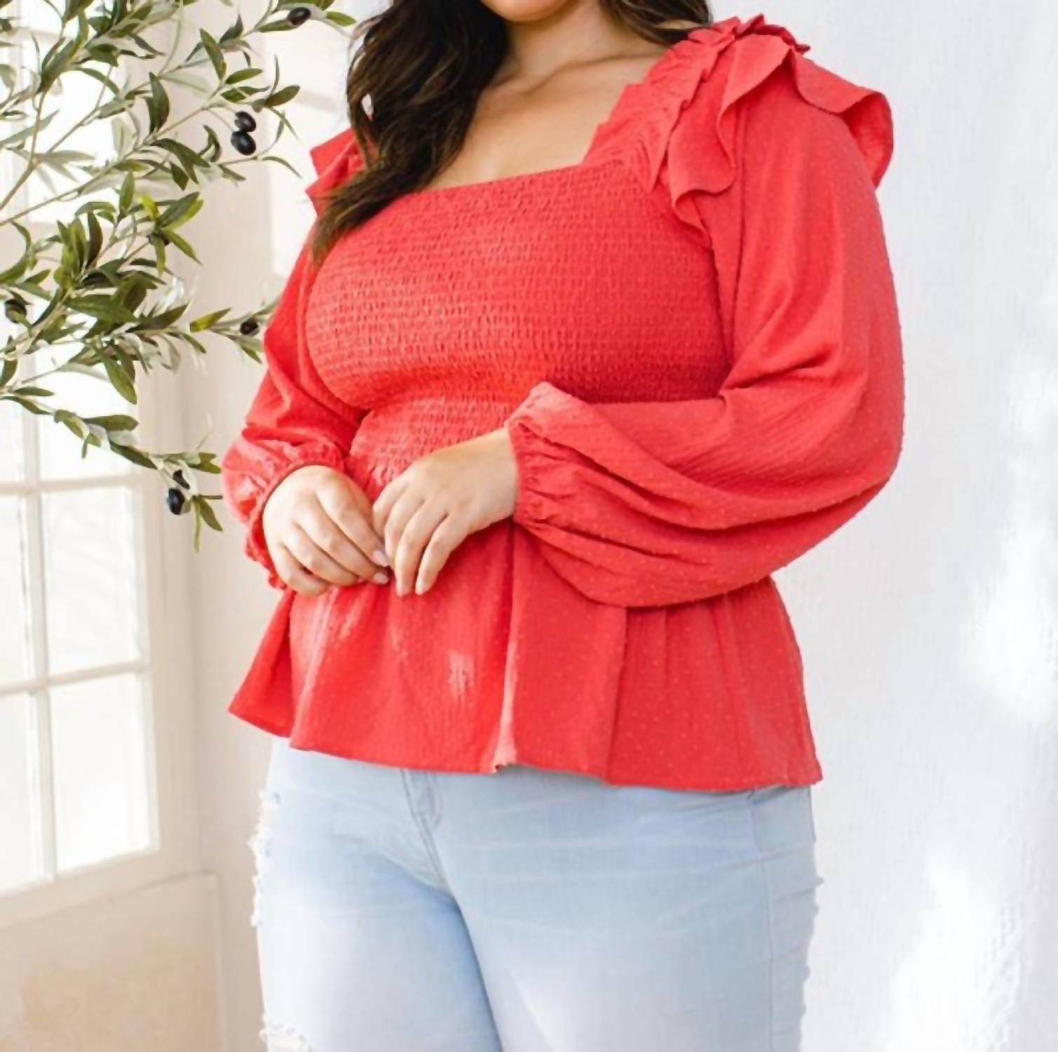 Oddi - Textured Dot Fabric Ruffle Smocked Blouse - Plus