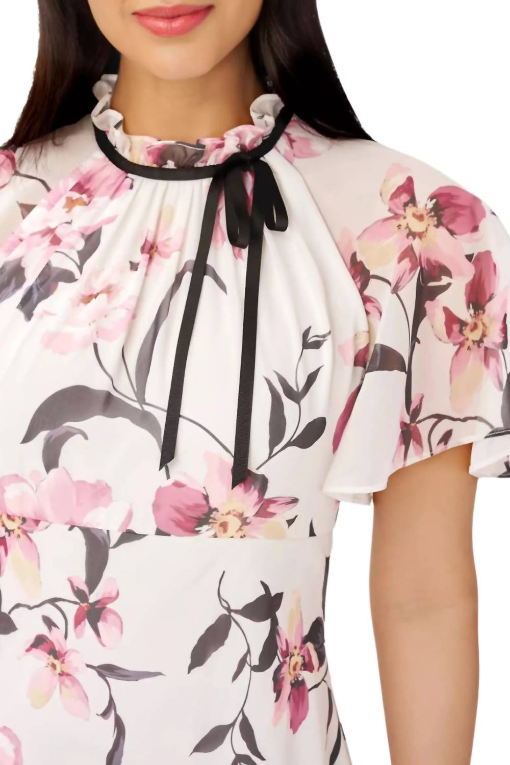 Adrianna Papell - Mock Neck Short Flutter Sleeves Midi Floral Dress