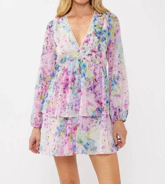 Lovestitch - Watercolor Flower V-neck Tiered Mini Dress