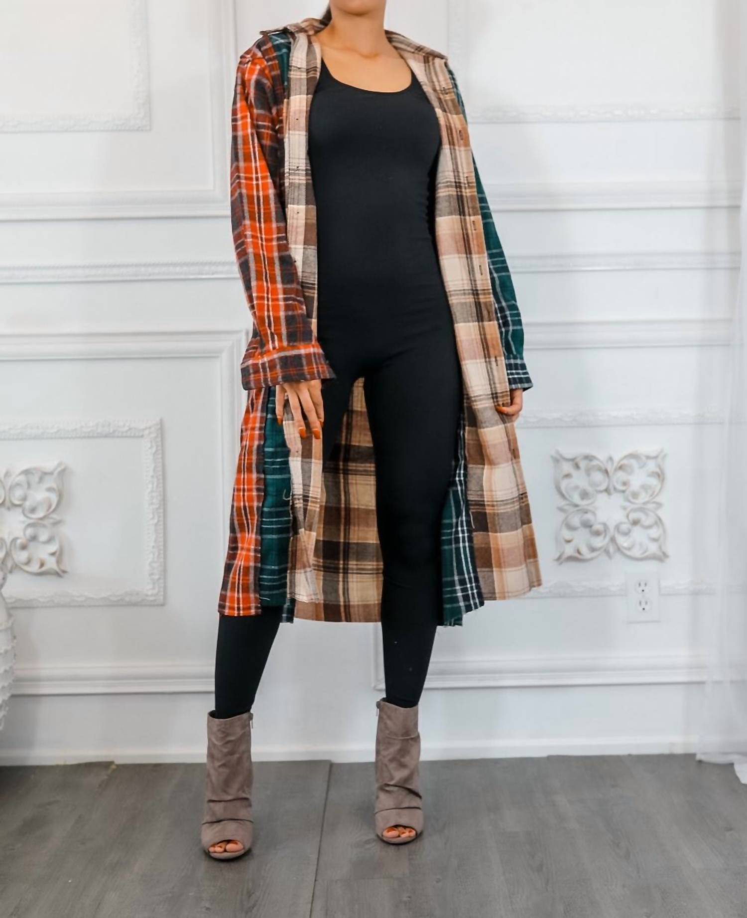 Surelymine - Distressed Long Plaid Patches Shacket