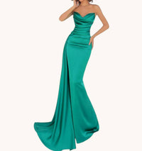 Tarik Ediz - Strapless Draped Cowl Satin High Slit Gown