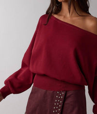 Sky to Moon Newport Off The Shoulder Sweater in dark red - women's sweater - detail view