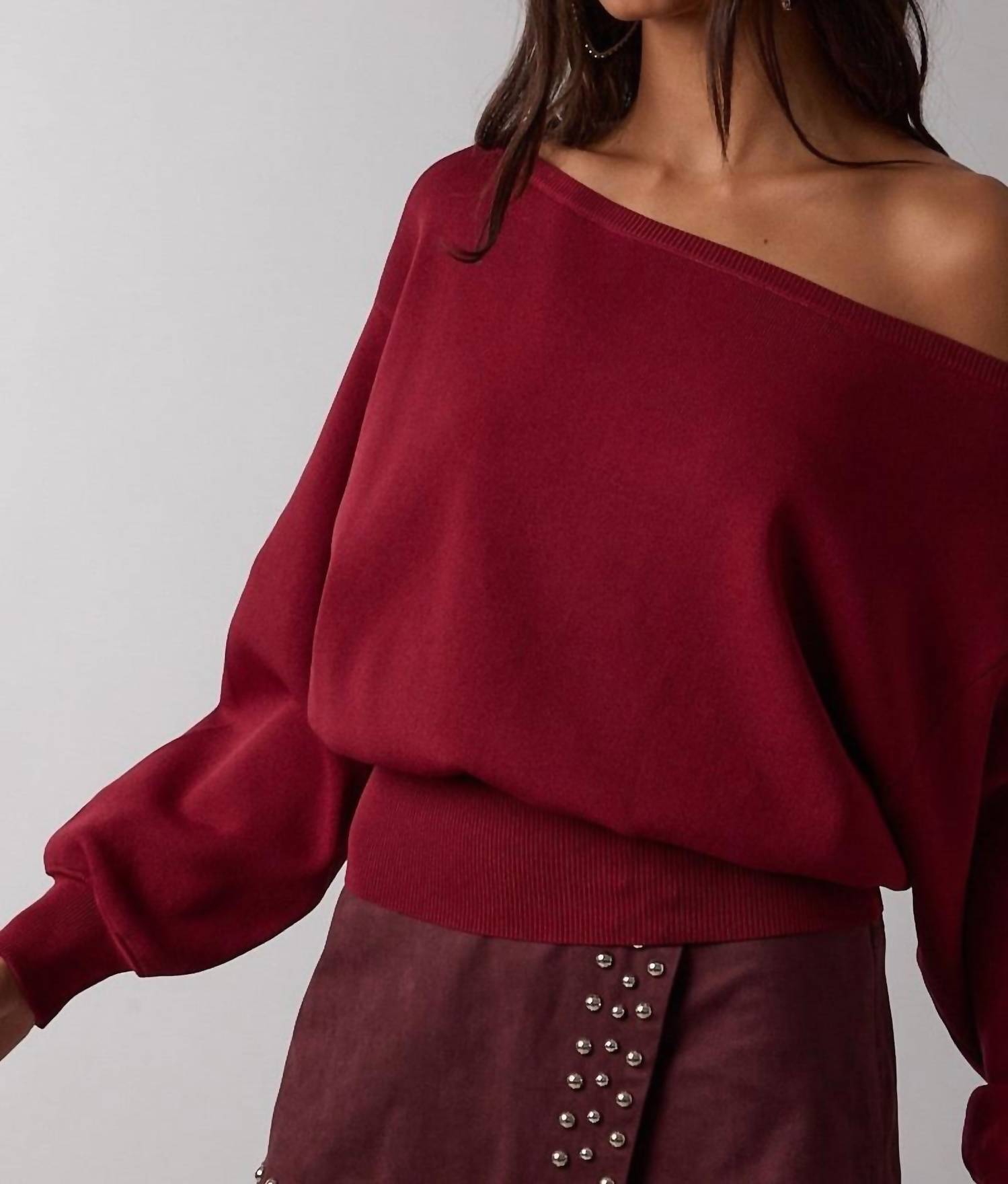 Sky to Moon Newport Off The Shoulder Sweater in dark red - women's sweater - detail view
