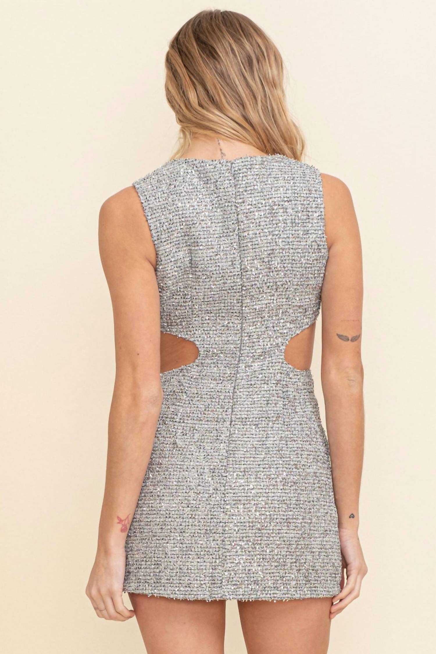 Cloud Ten - Metallic Fringe Tweed Cutout Dress