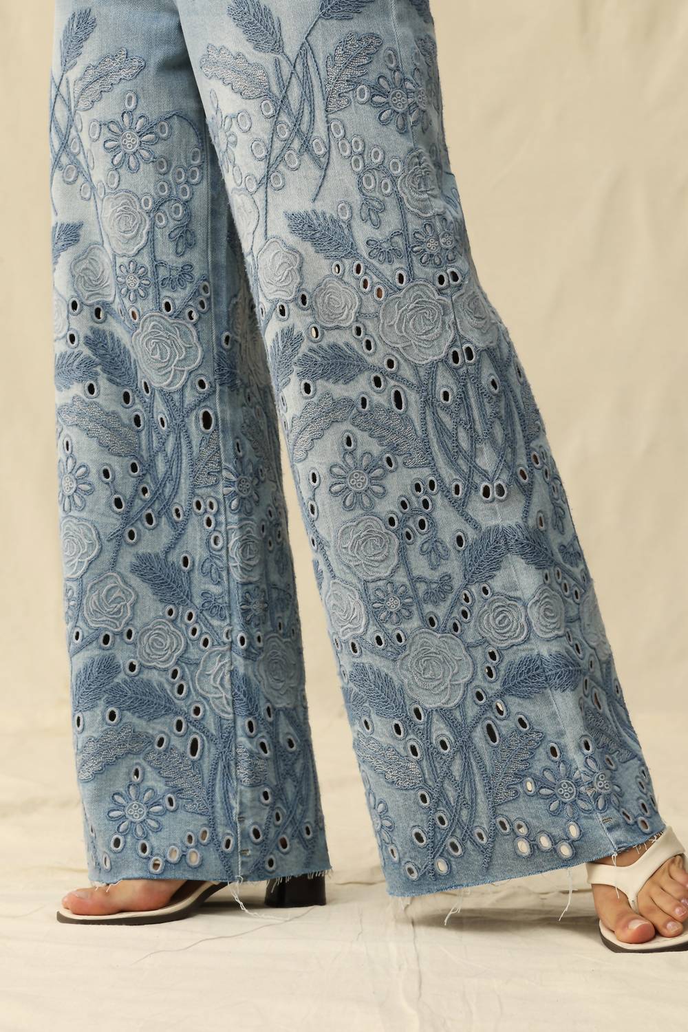Bayeas - High Rise Eyelet And Embroidery Wide Leg Jeans