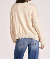 ELAN Distressed Button Down Cardigan in off white - women's cardigan - detail view
