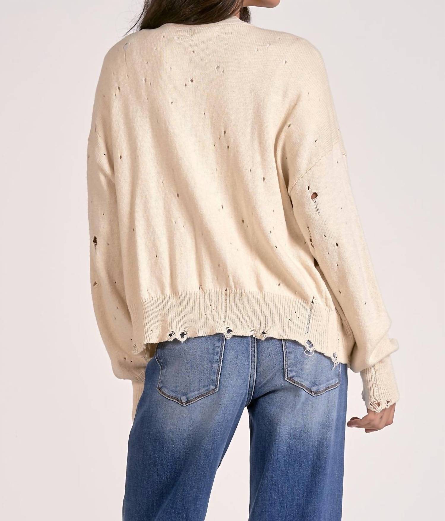 ELAN Distressed Button Down Cardigan in off white - women's cardigan - detail view