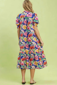 Umgee - Floral Print Puff Sleeve Tiered Midi Dress