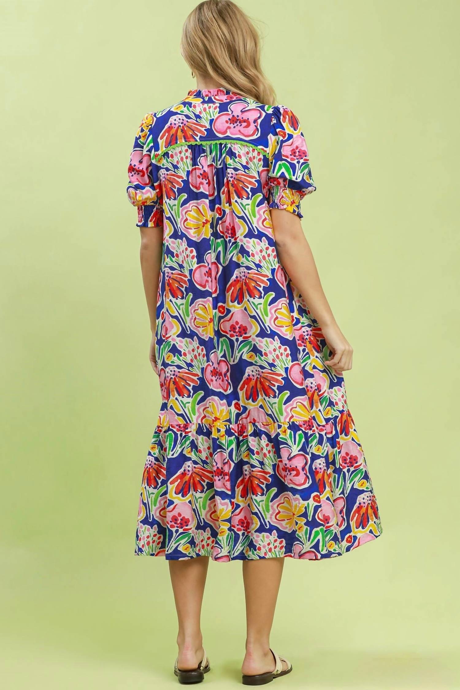 Umgee - Floral Print Puff Sleeve Tiered Midi Dress