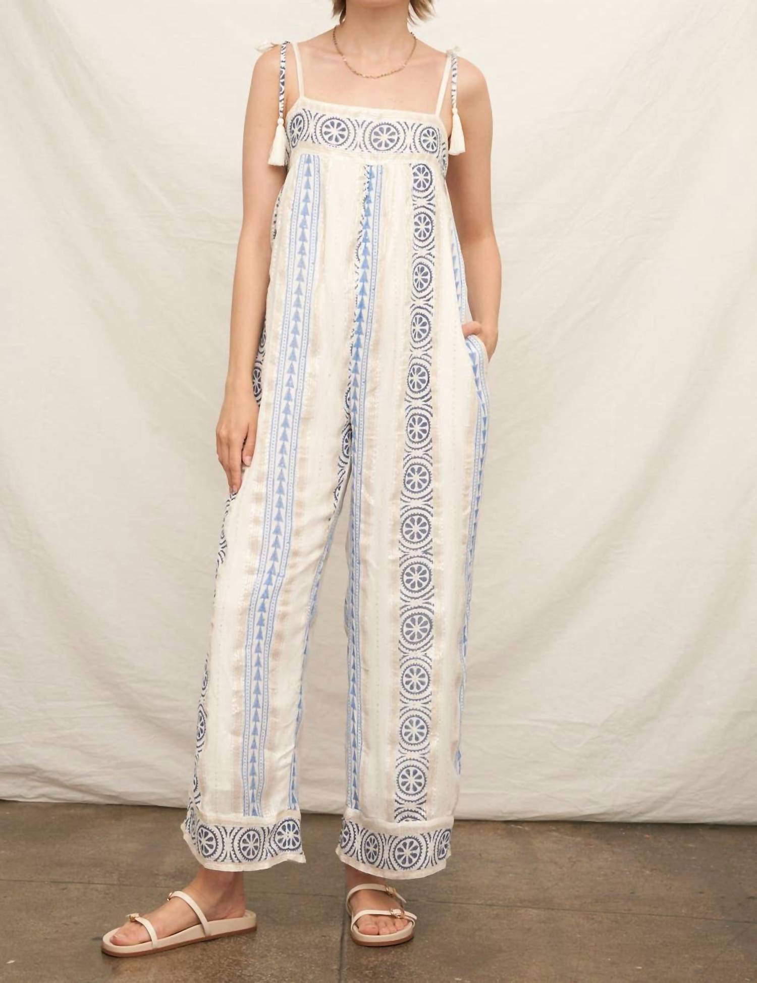 En Creme - Embroidered Jumpsuit With Tassel Shoulder Ties And Lurex Det