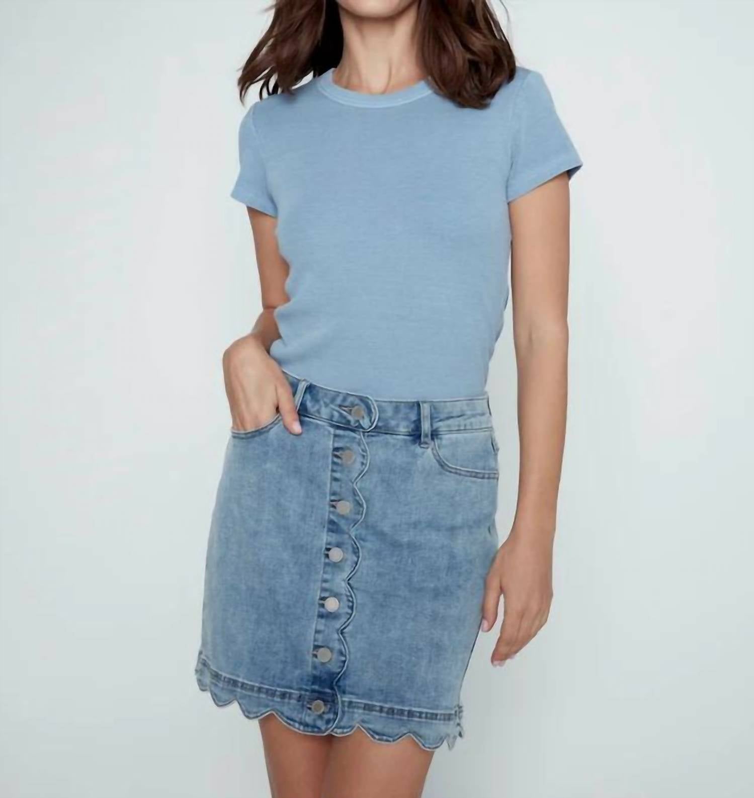 Charlie B - Scalloped Hem Button-front Denim Skort
