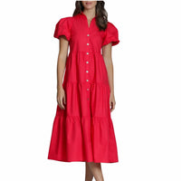 Apny - Women's Long Tiered Dress With Puff Sleeve