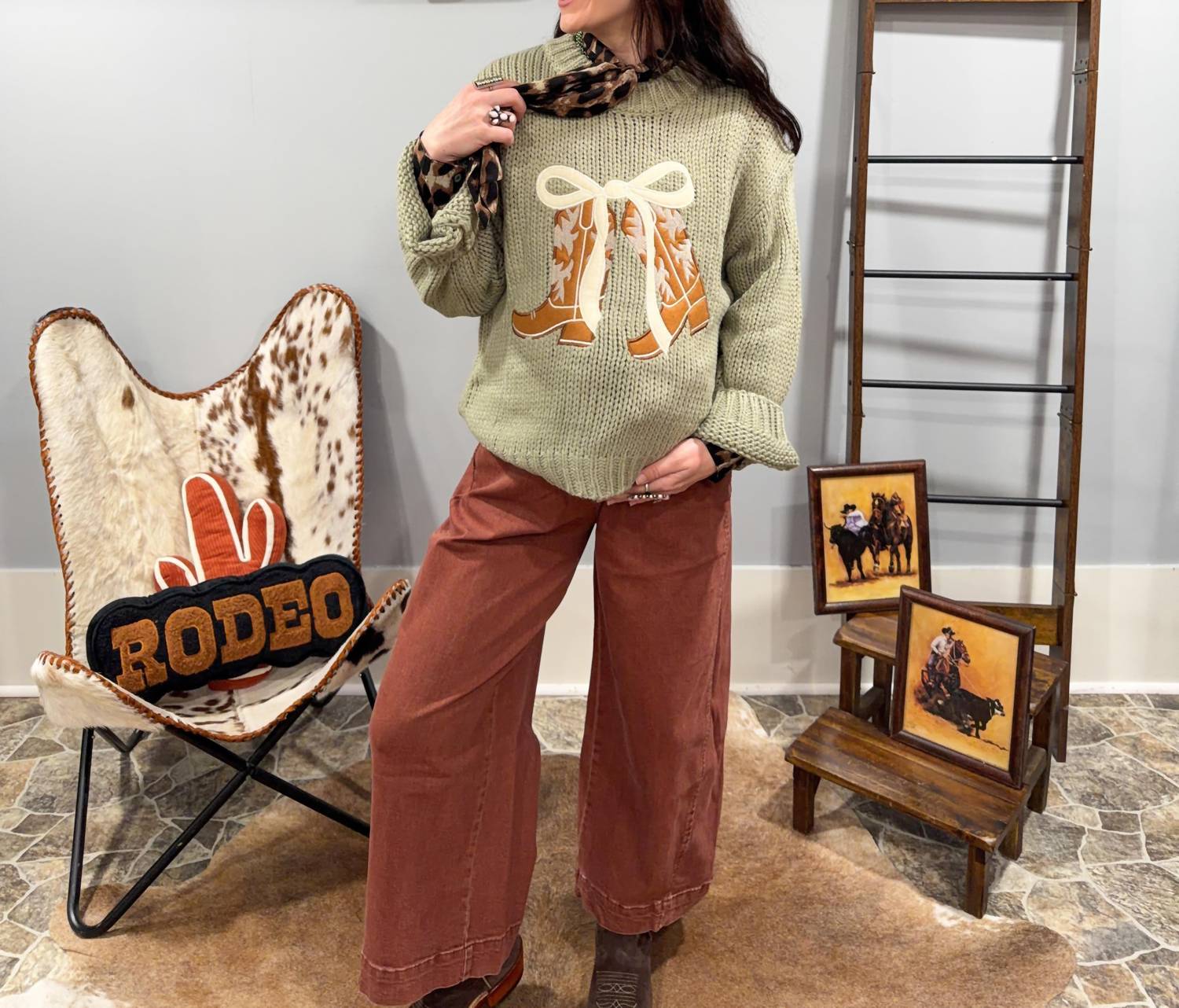 Baevely by Wellmade Boot Scootin Sweetheart Sweater in green - women's sweater - alternate view