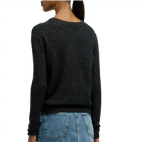 Autumn Cashmere Shaker Cable Crew Sweater With Sheer Yoke in black 1 - women's long sleeve top - detail view