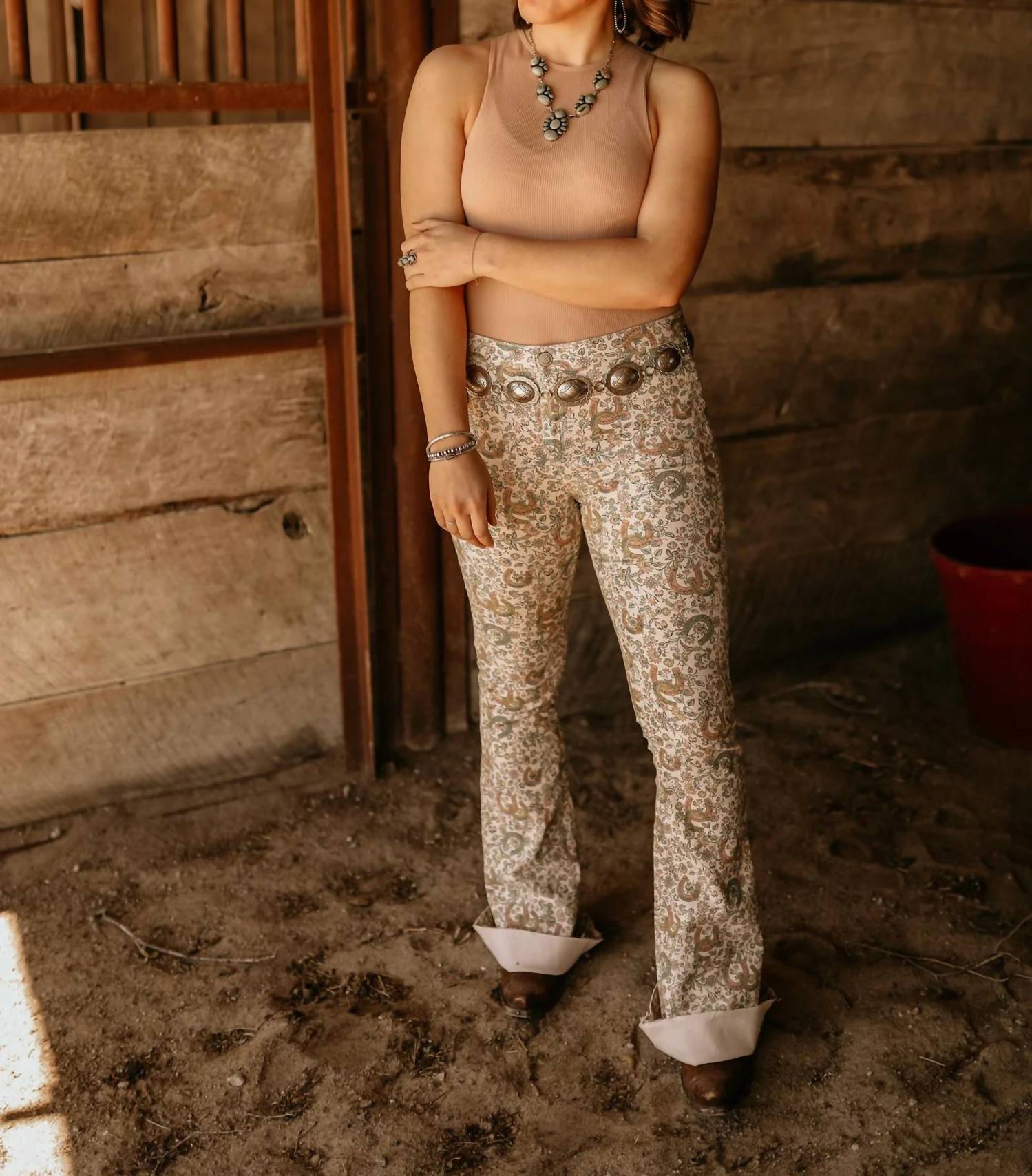 Rock & Roll Denim - Reversible Floral Horse Shoe Flare Pants