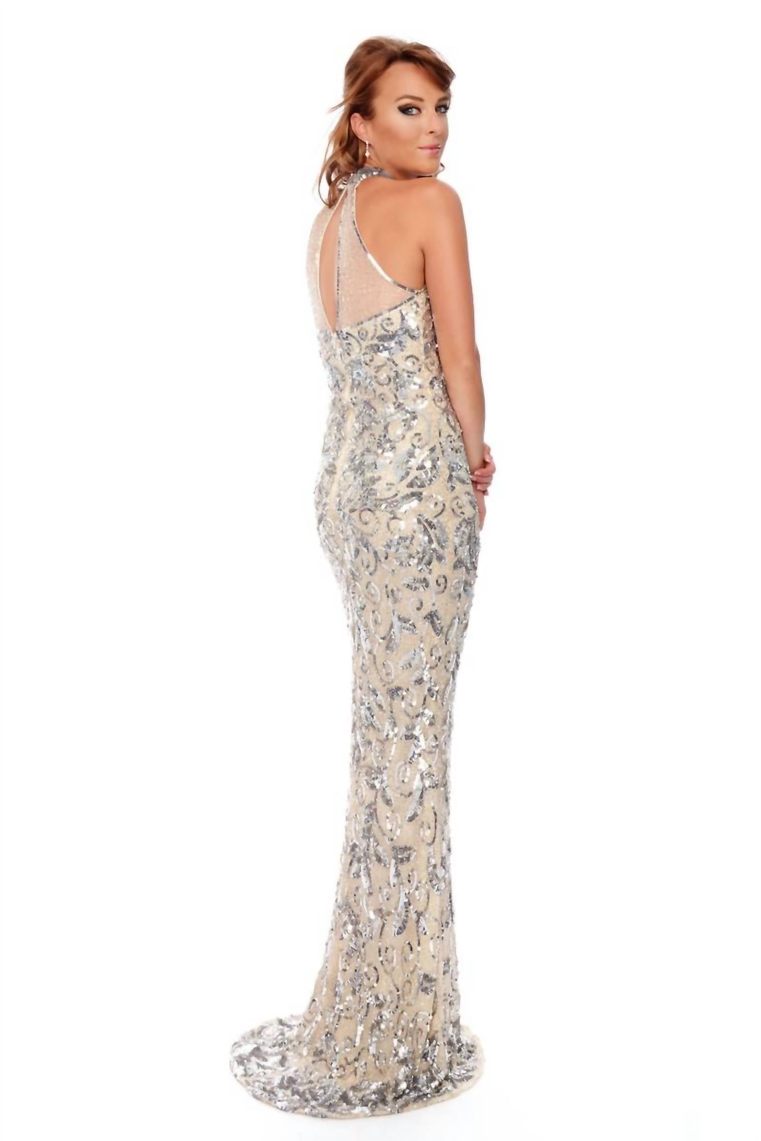 Precious Formals - Halter Neck Illusion Sequin Evening Gown