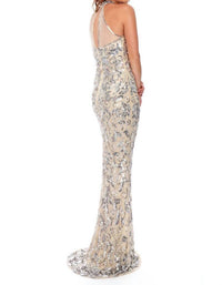 Precious Formals - Halter Neck Illusion Sequin Evening Gown