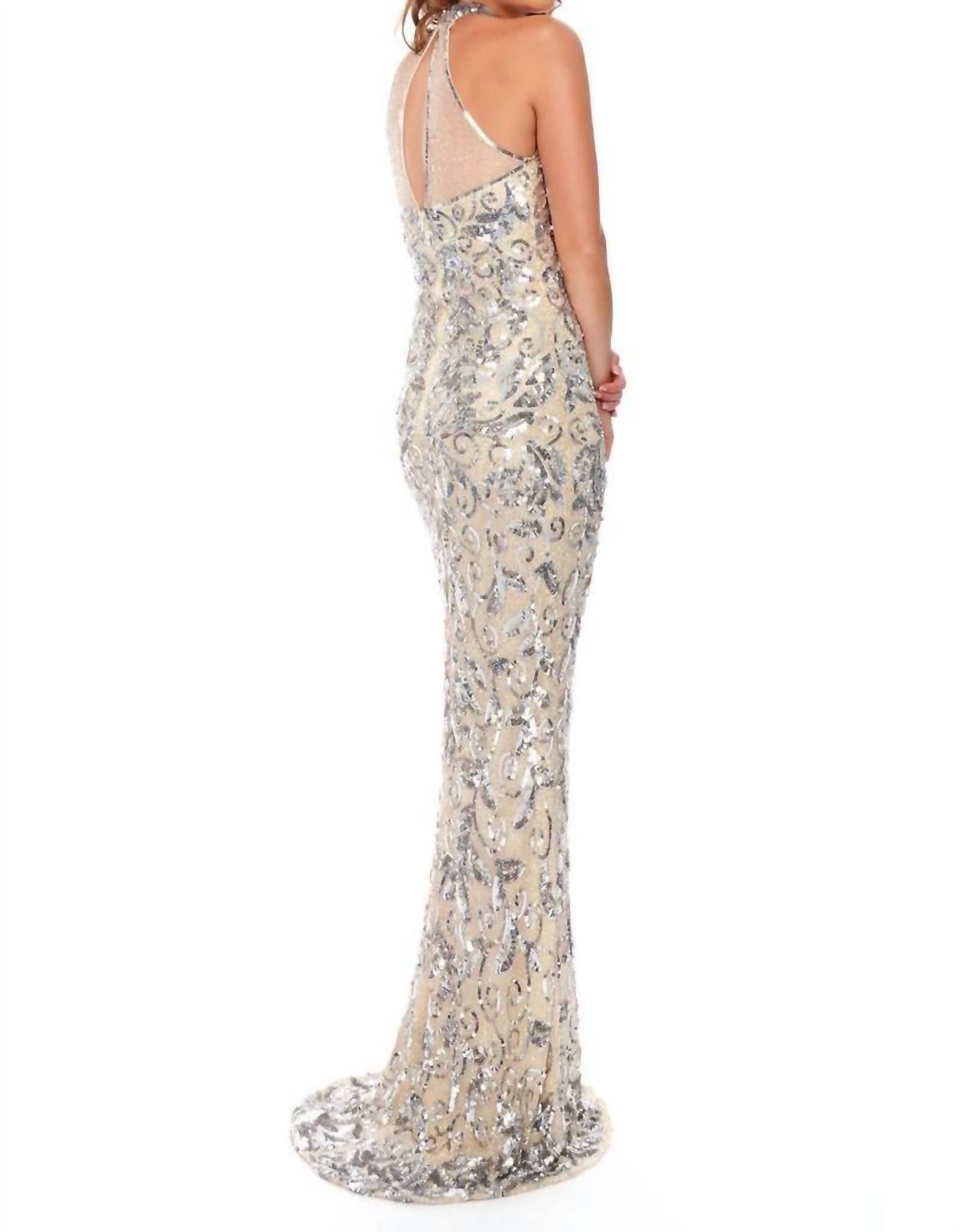 Precious Formals - Halter Neck Illusion Sequin Evening Gown