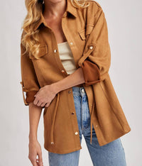 Bluivy - Faux Suede Button Down Roll-up Sleeve Shacket