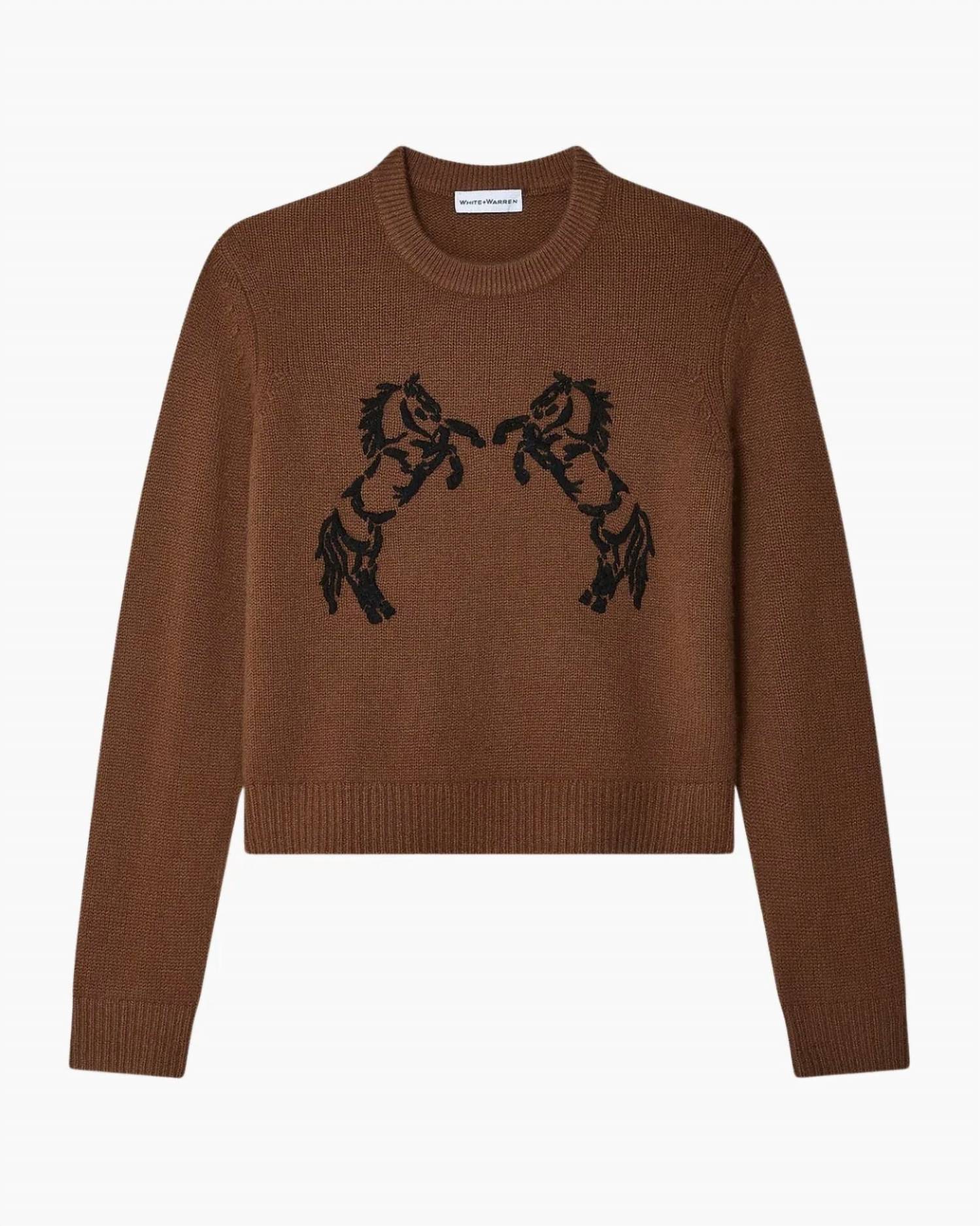 White + Warren - Cashmere Blend Horse Embroidered Crew Sweater