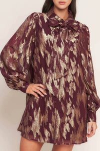 Flying Tomato - Muse Metallic Print Long Sleeve Collared Mini Dress