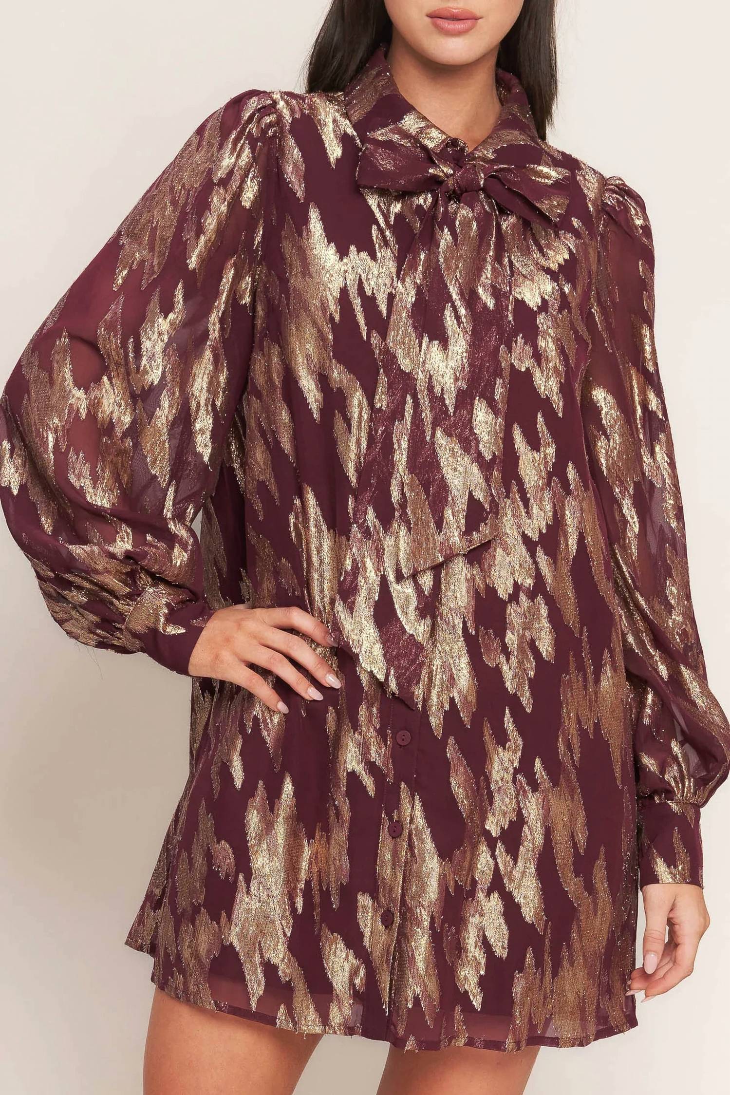 Flying Tomato - Muse Metallic Print Long Sleeve Collared Mini Dress
