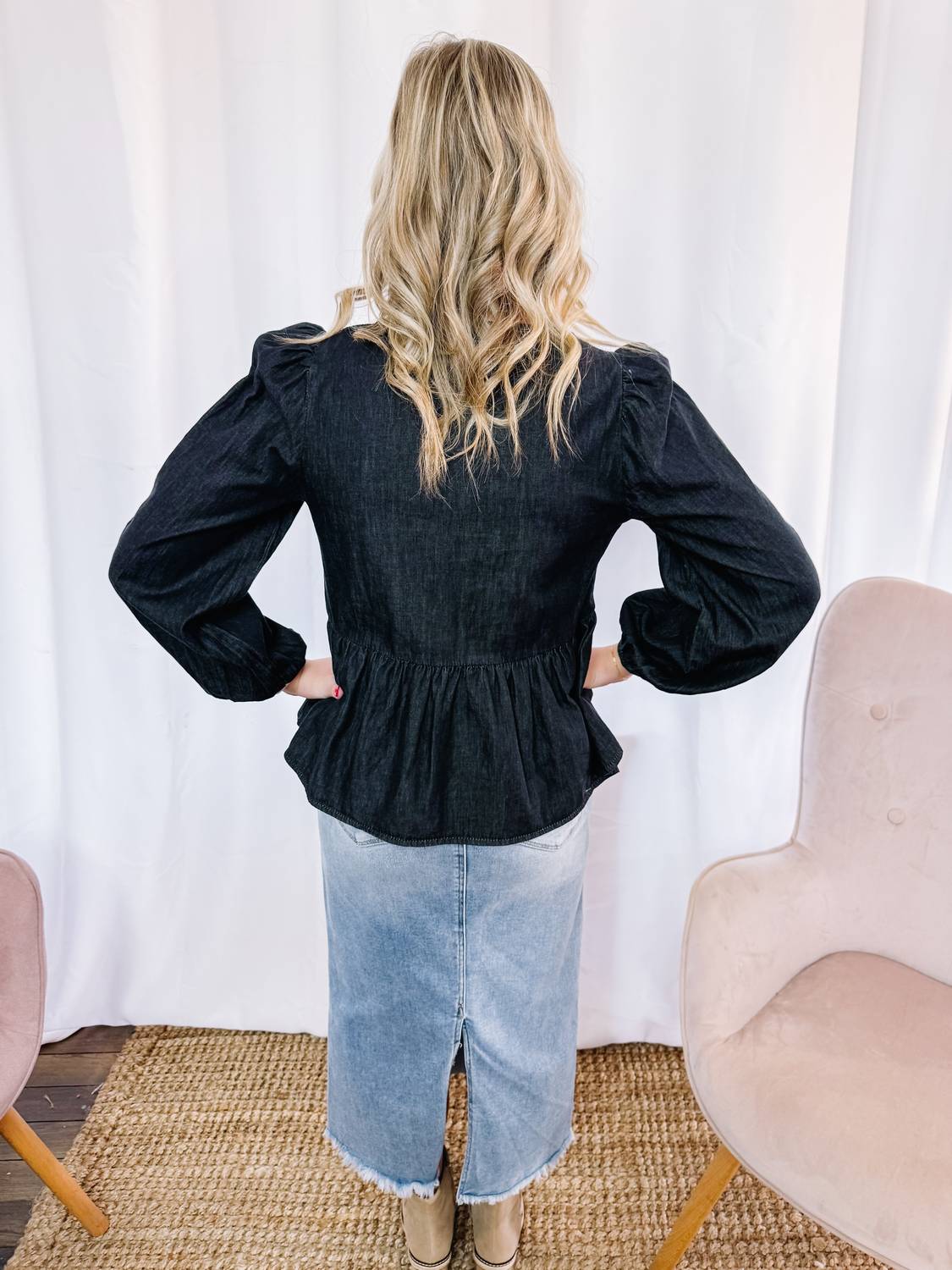 Anniewear - Deaunn Denim Tie Front Peplum Blouse