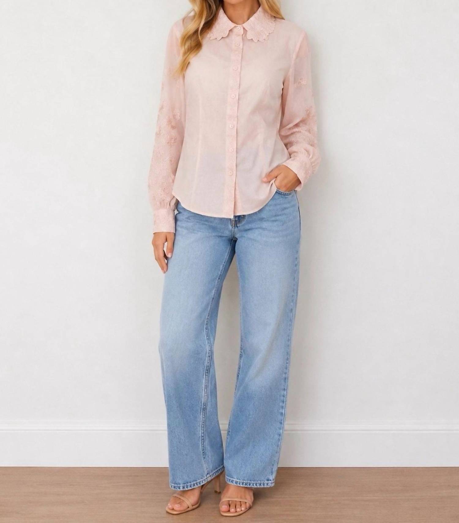 Elie Tahari - LONG SHEER SLEEVES EMBROIDERED FLOWERS BLOUSE