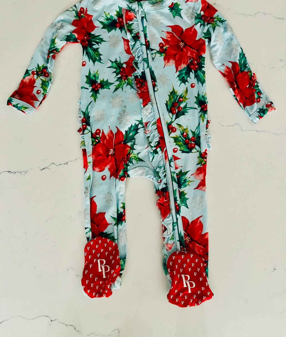 Posh Peanut - Baby Girls Poinsettia Zippered One Piece Footie