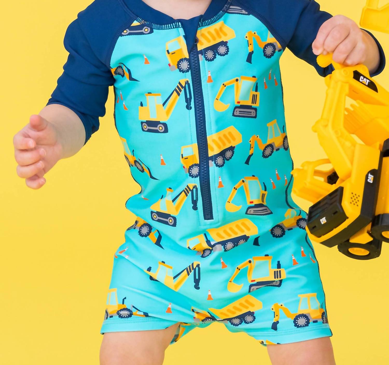 Rufflebutts - Under Construction Long Sleeve One Piece Rash Guard Swimsuit