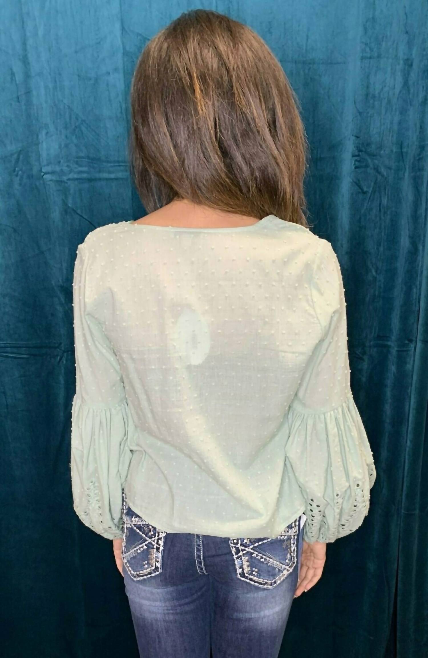Eyelet Puff Sleeve Tie Front Blouse