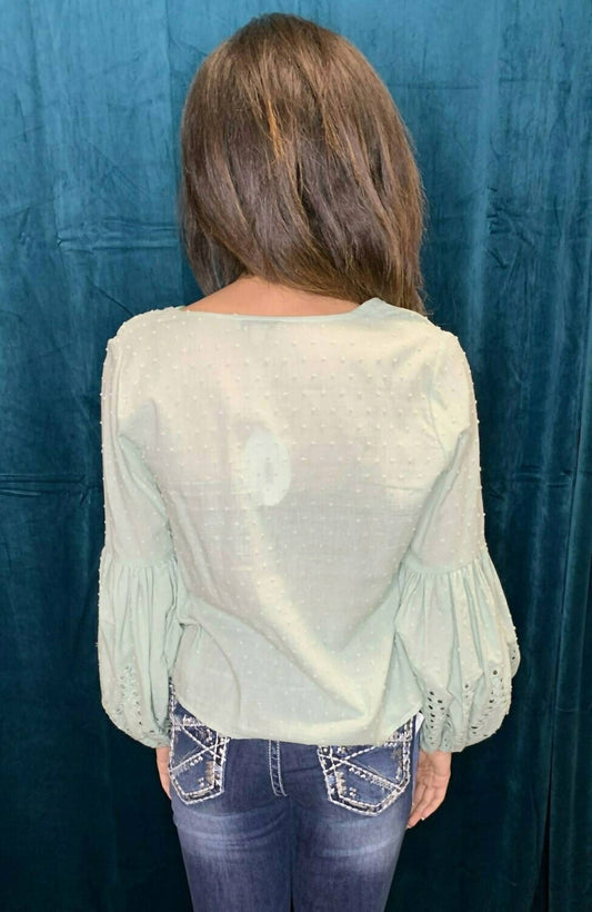 Eyelet Puff Sleeve Tie Front Blouse