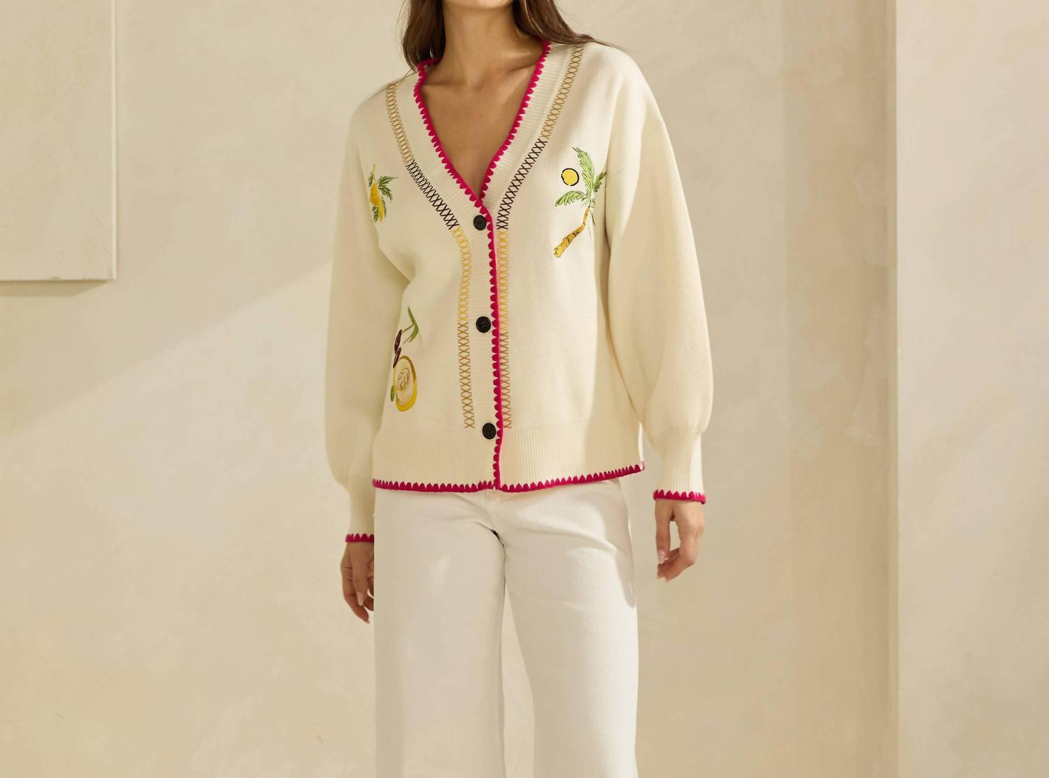 ABLE Embroidered V-neck Cardigan in cream red - women's cardigan - view 6