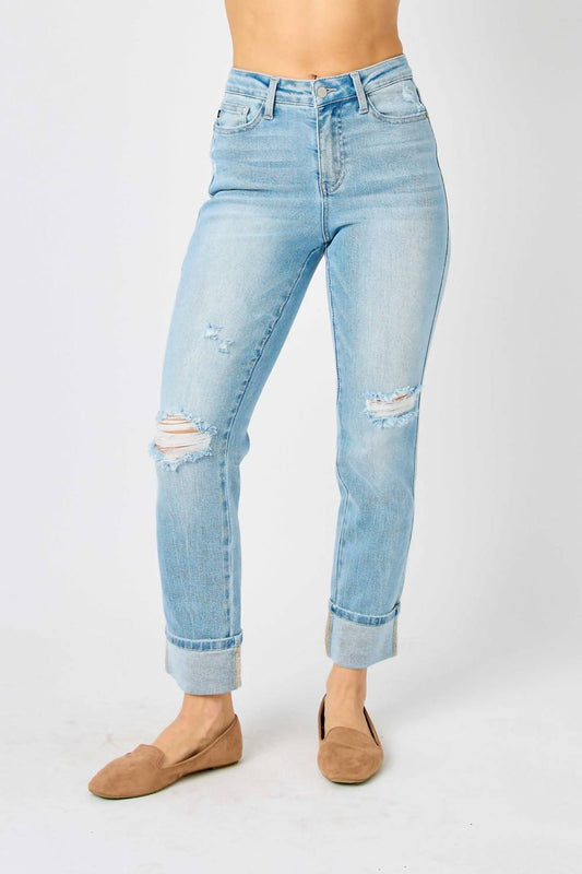 Judy Blue - Mid Rise Americana Star Pocket Cuffed Boyfriend Jeans