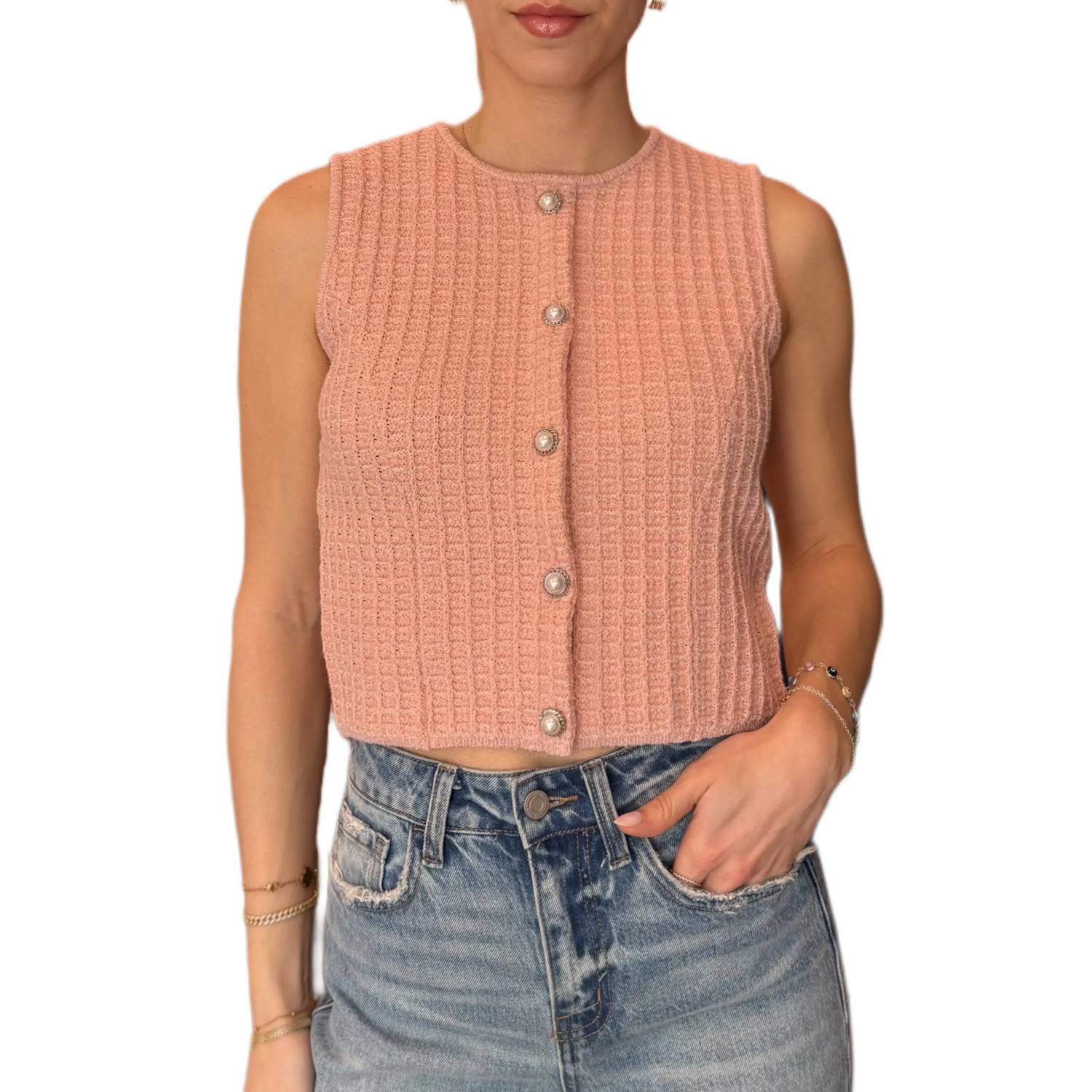 Sunday Edition - Round Neck Sleeveless Button Open Knit Top