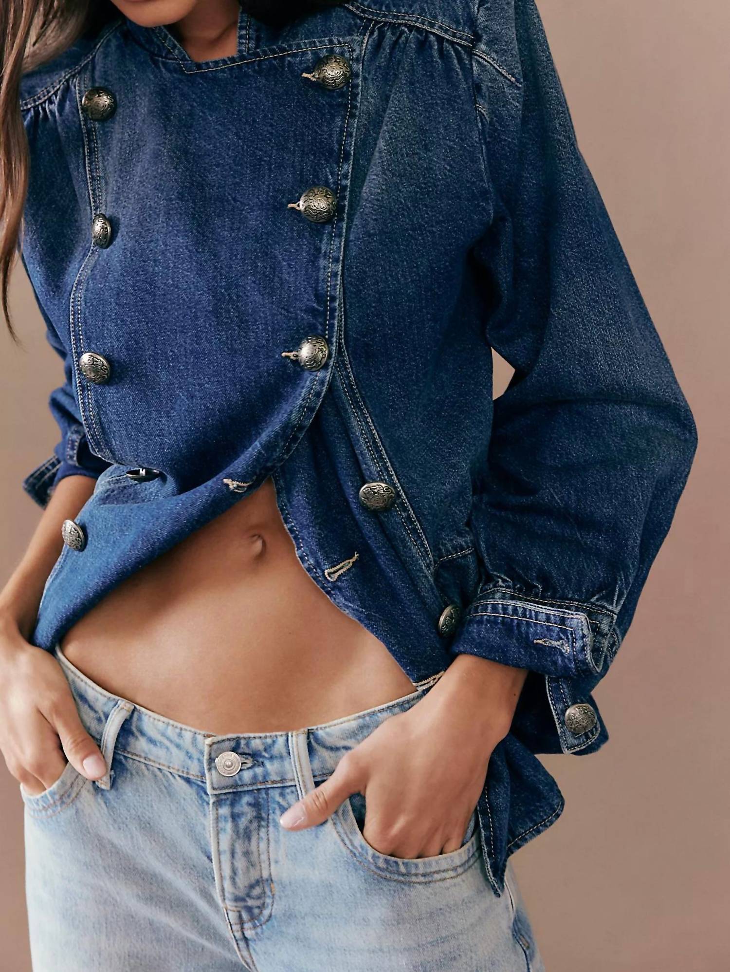 Free People IMOGENE DENIM OFFICER JACKET in ensign wash - women's jacket - detail view