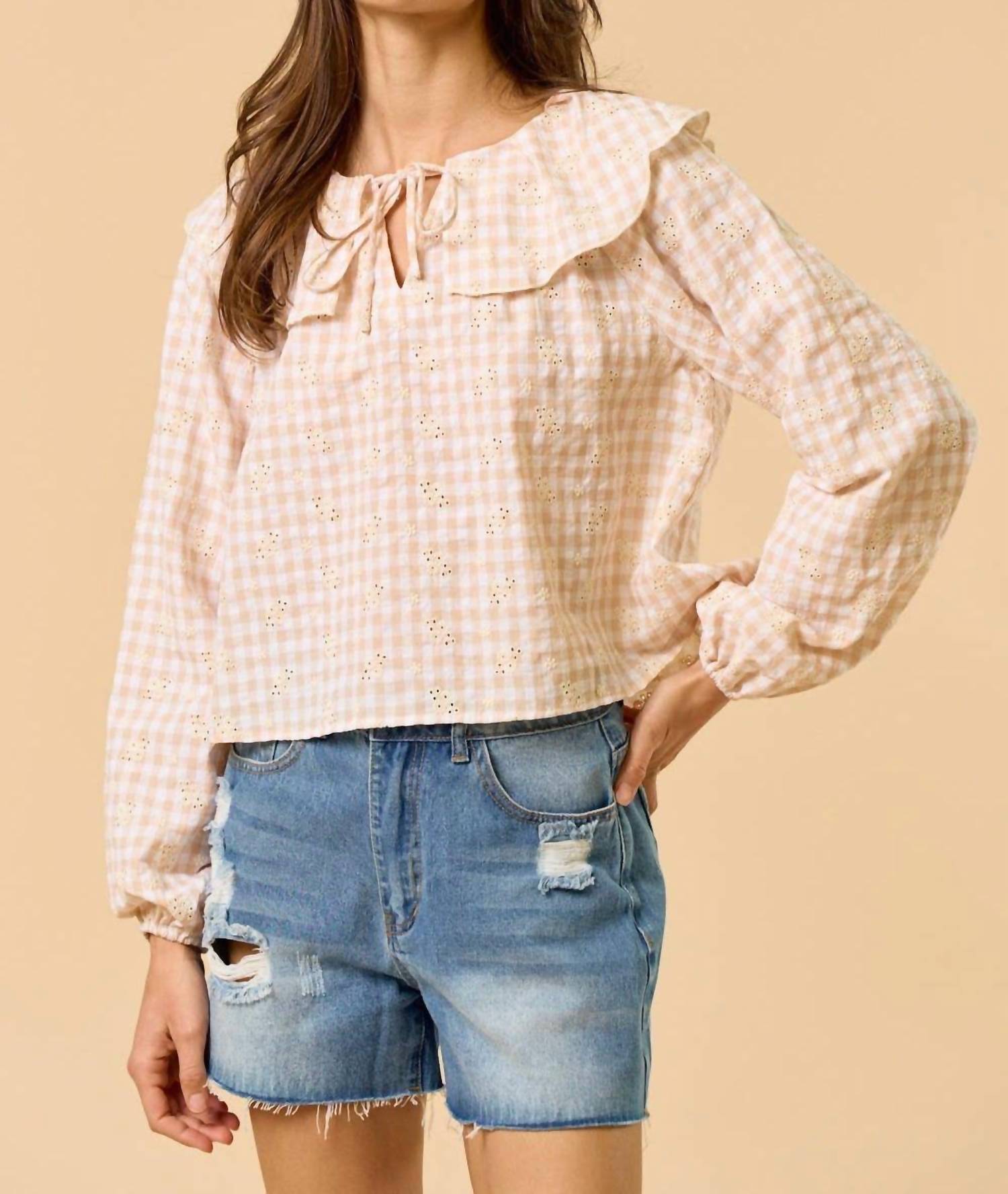 Lalavon - Gingham Eyelet Front Tie Ruffled Collar Top