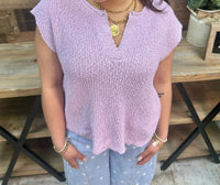 In February - Relaxed Slub Knit Split Neck Sweater Top