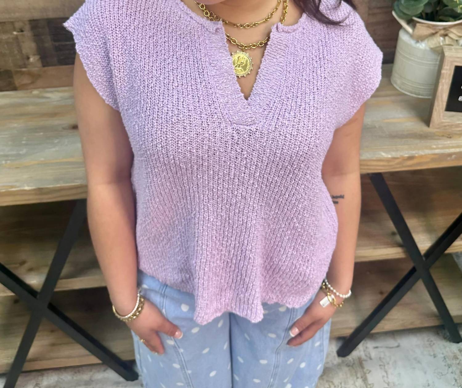 In February - Relaxed Slub Knit Split Neck Sweater Top