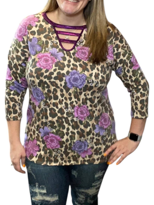 Honeyme - Leopard Floral Spliced Tee