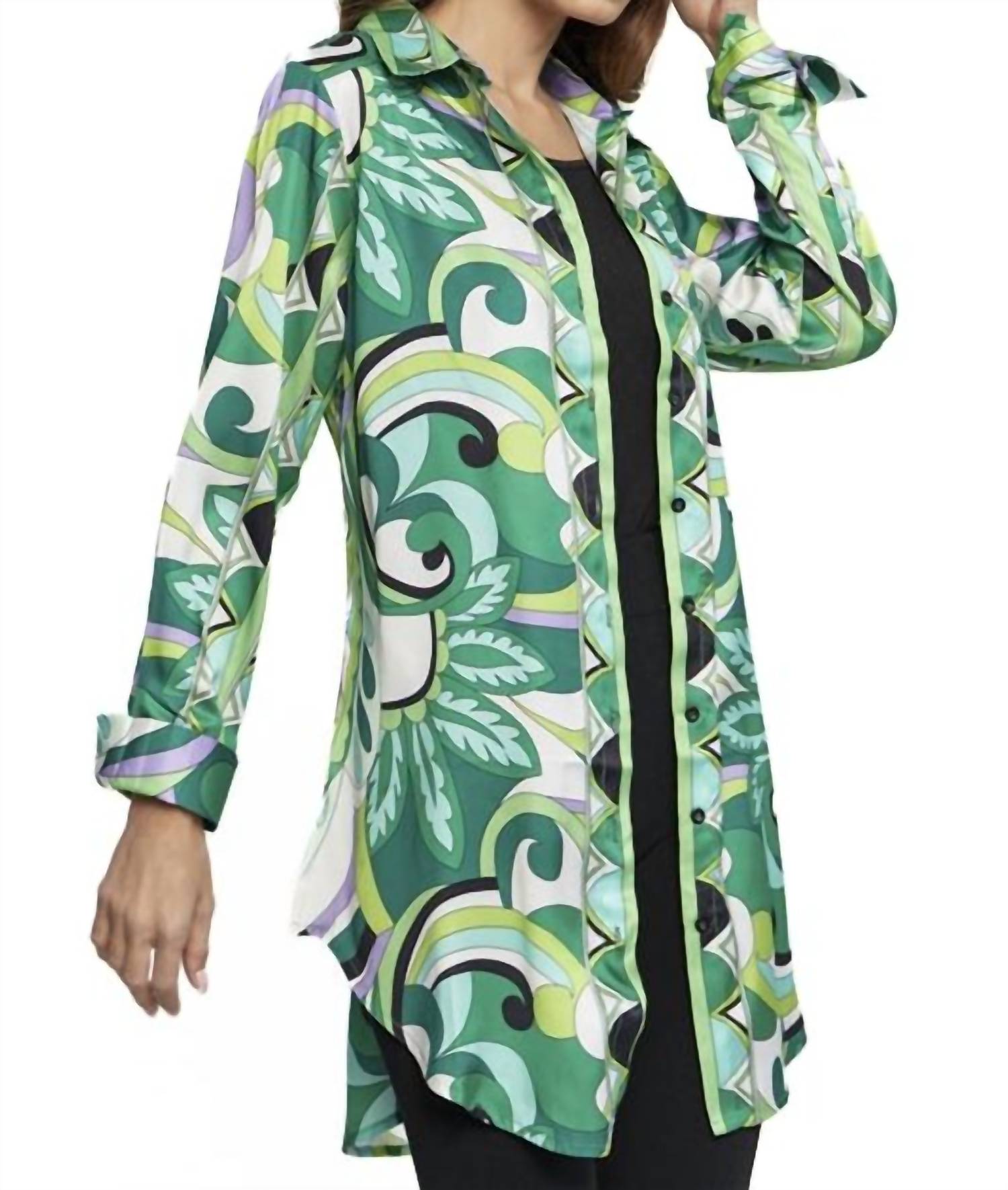 Adore - Button Down Satin Print Tunic Blouse