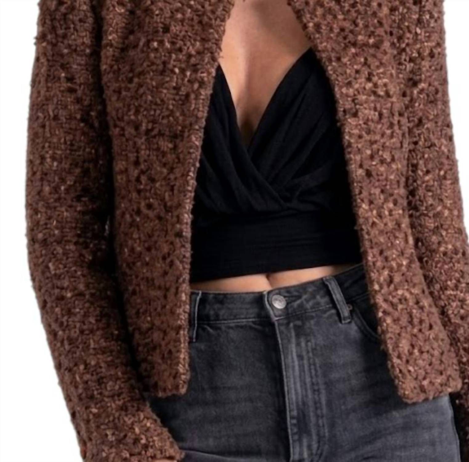 ELAN Structured Long Sleeve Jacket in brown melange - women's jacket - detail view