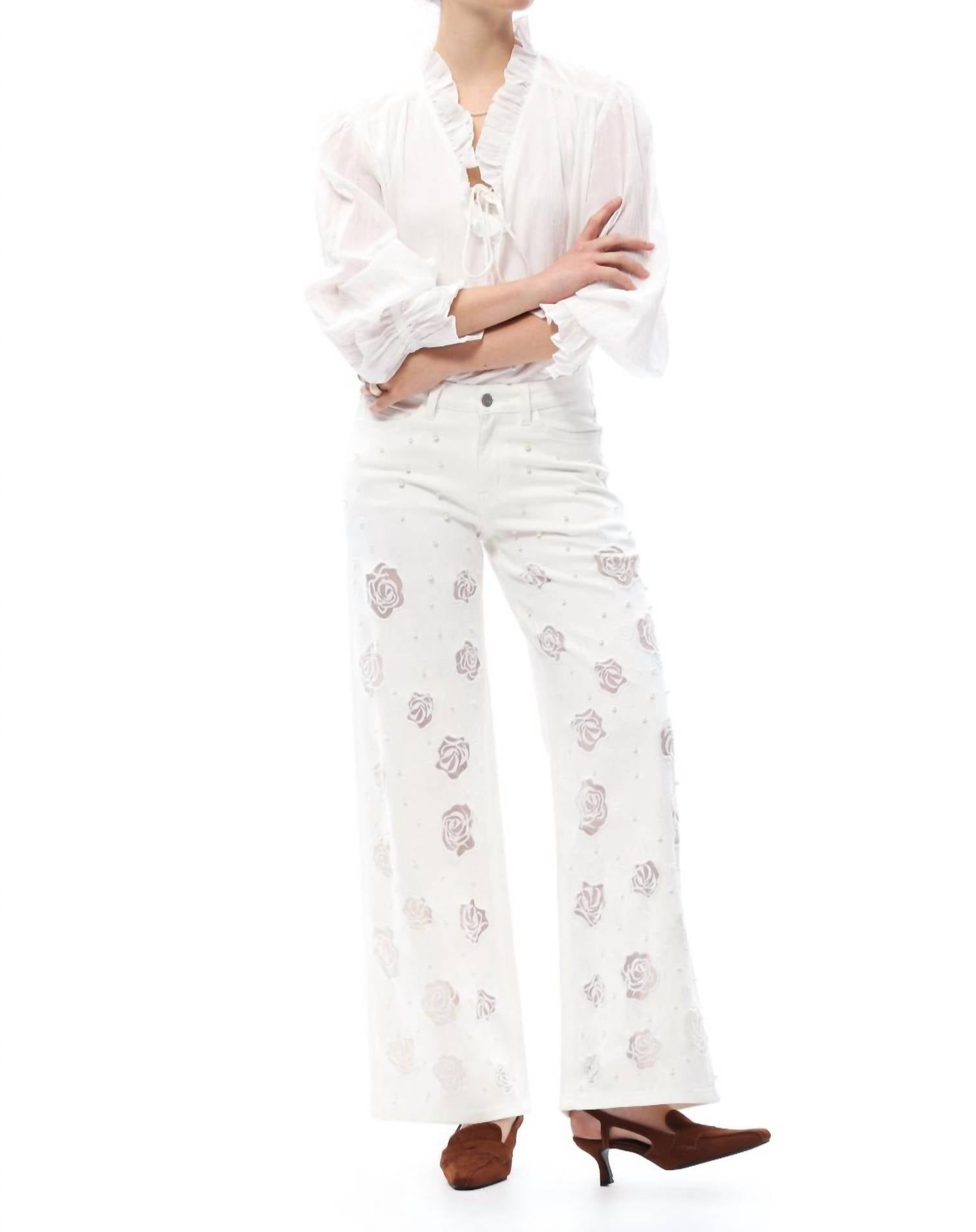Bayeas - Rose Cutout Mid Rise Wide Leg Jeans