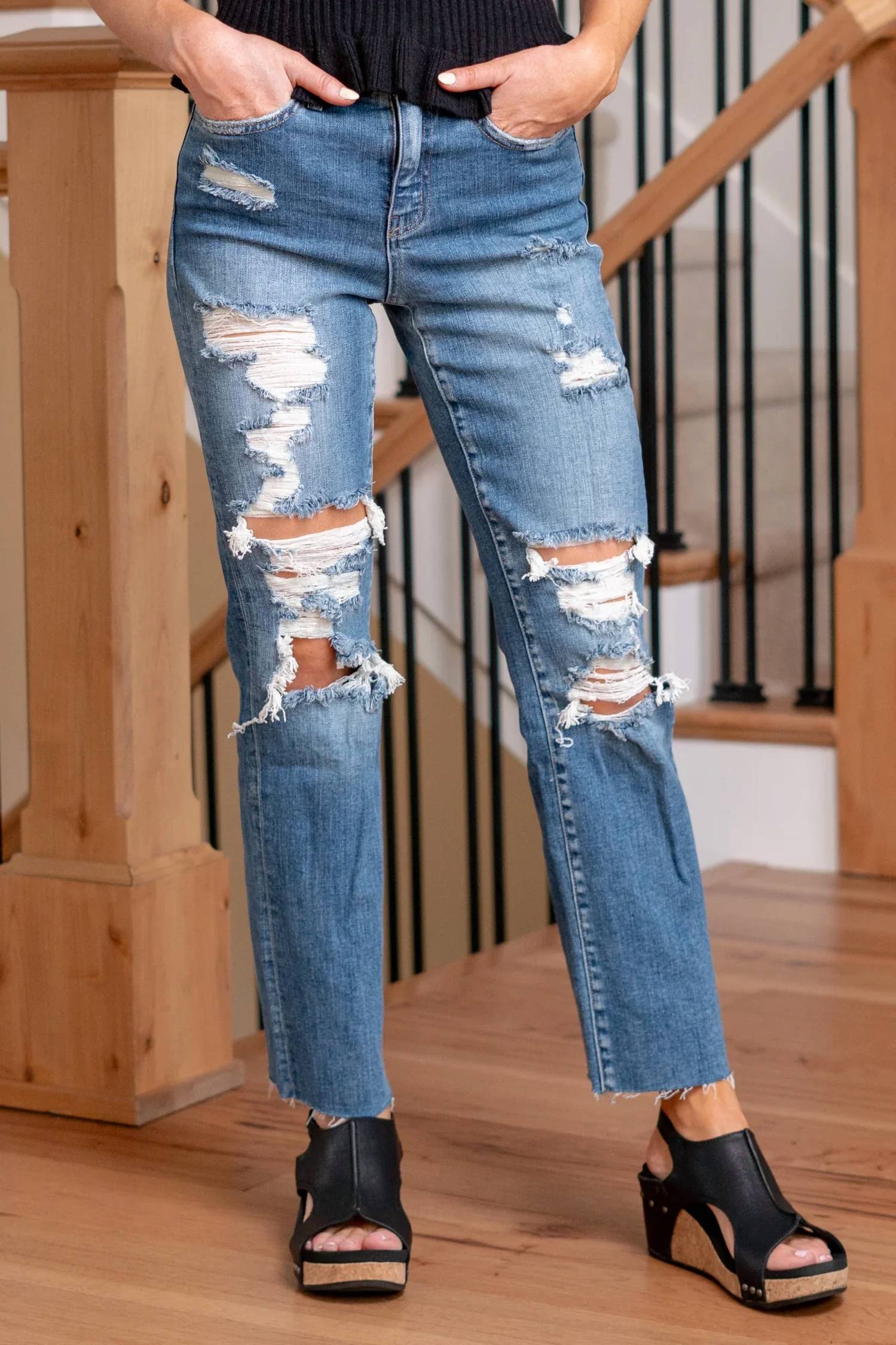 Flying Monkey - Distressed High Rise Relaxed Straight Jeans