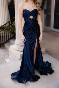 Sherri Hill Strapless Fitted Stretch Satin Prom Dress in navy - women's dress - alternate view
