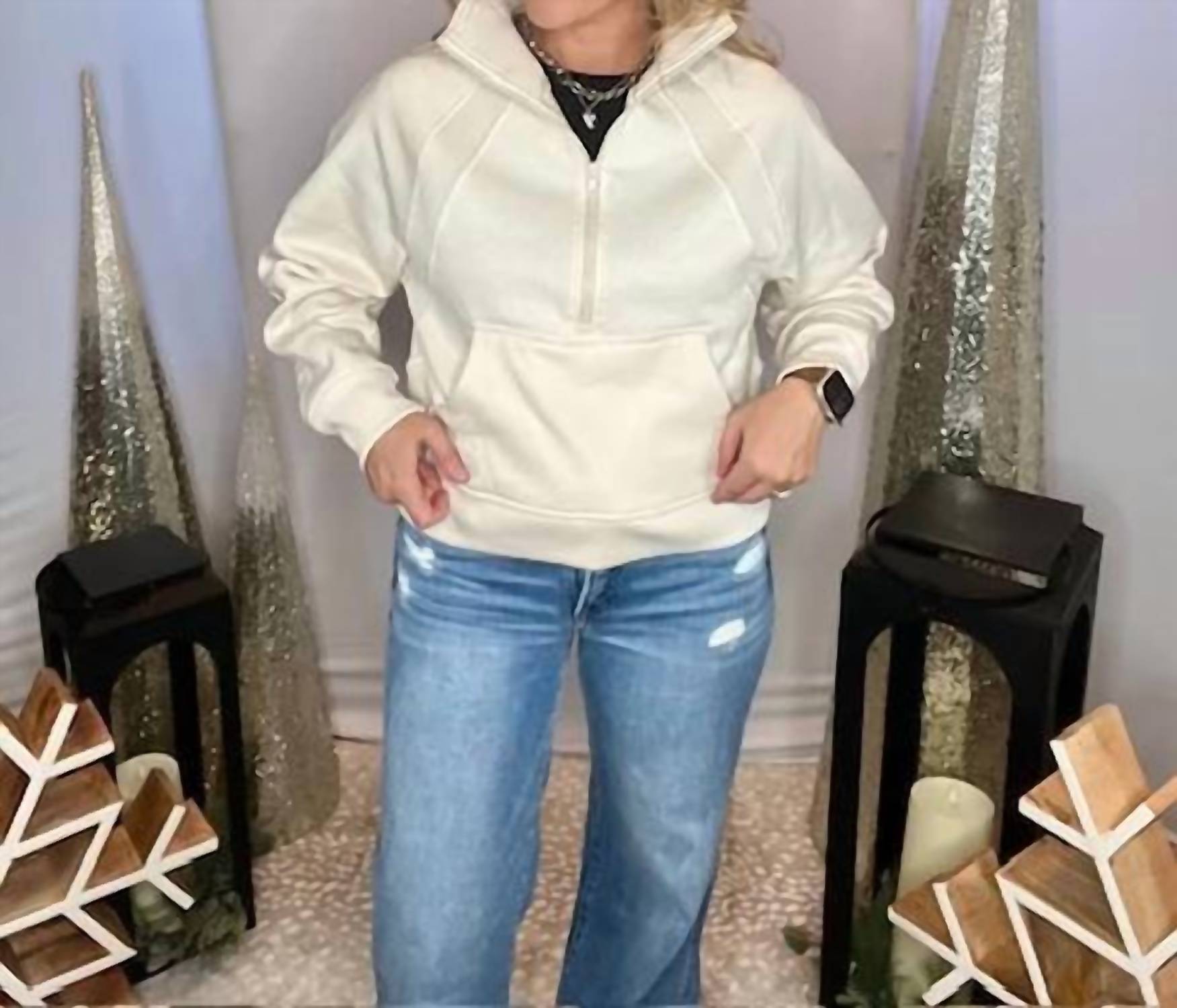 Zenana - Fleece Half Zip Kangaroo Pocket Sweatshirt