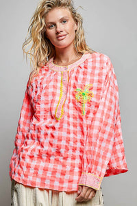 Pol - Graphic Palm Tree Embroidery Paid Blouse Top