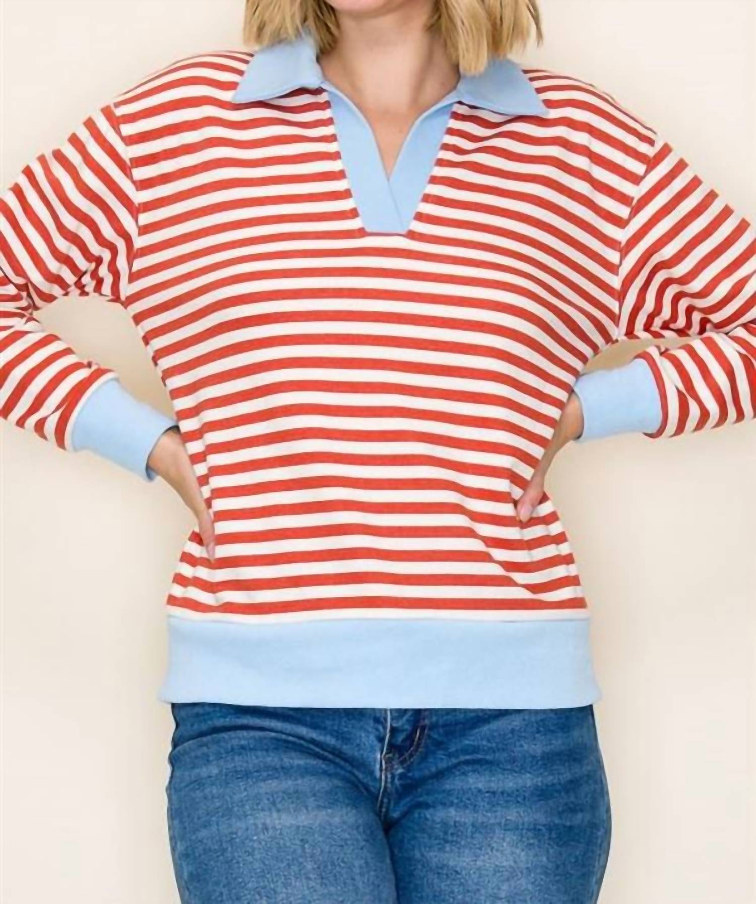 STACCATO Turner Striped Collared Top in orange - women's long sleeve top - detail view