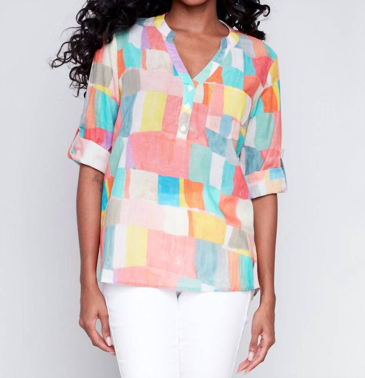 Charlie B - Digital Printed Rayon Roll Up Sleeve Blouse